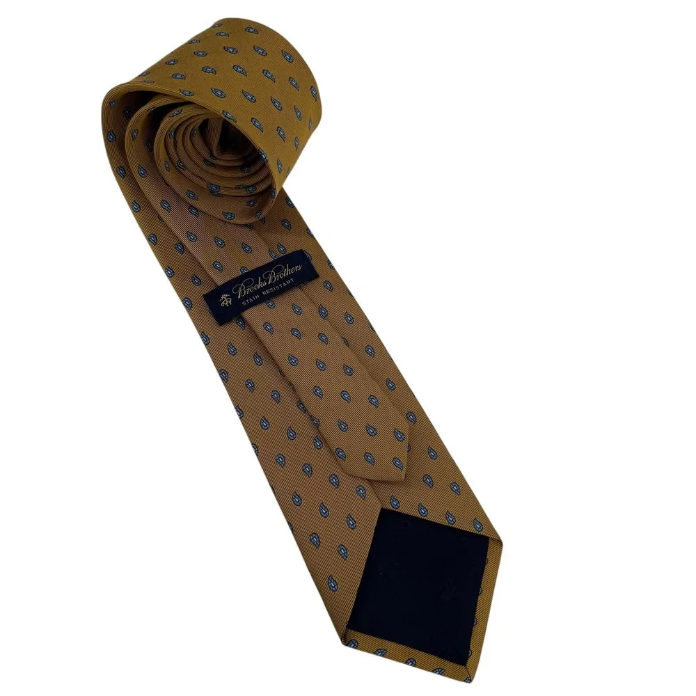 Brooks Brothers Mustard‎ Gold Paisley Silk Tie Blue Teardrop Stain Resistant USA